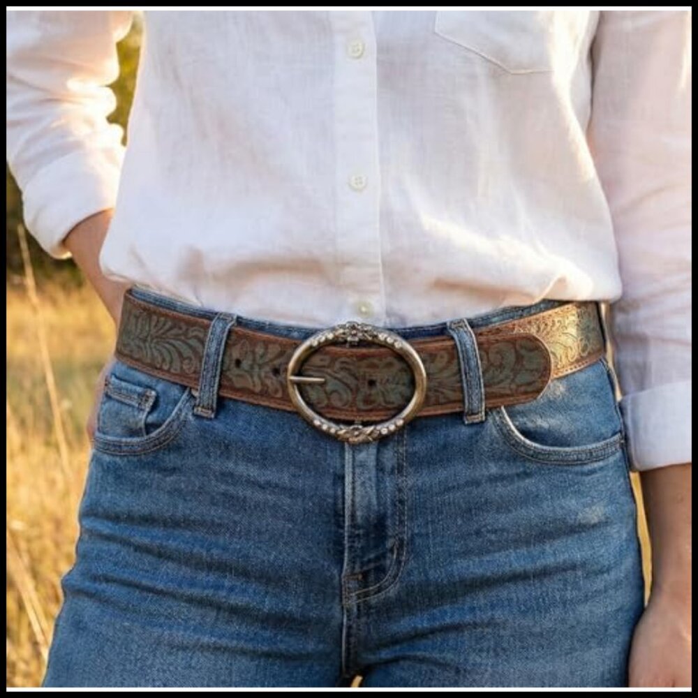Distressed Leather Belt with Rhinestone Buckle Vintage Western Boho Style - Picture 2 of 7